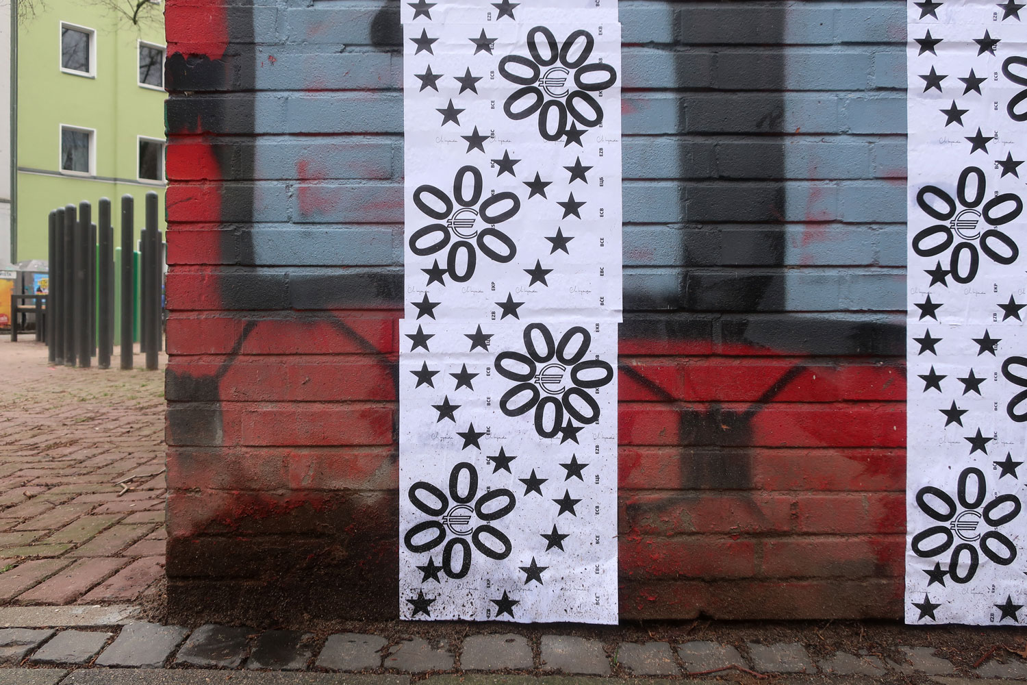 Claude Closky, ‘0 Euro,’ 2023, Bloom, Düsseldorf. Wallpaper, outdoor wall collage, giveaway prints, digital printing on A3 80g paper, variable dimensions. 